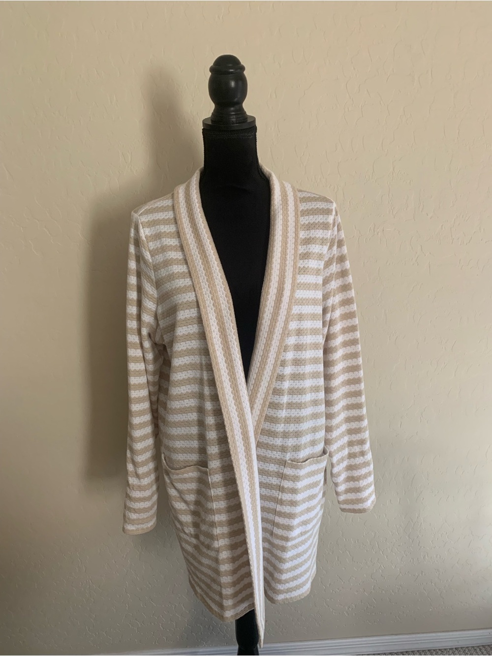 Belle by Kim Gravel Striped Beige and White Open-Front Cardigan 1X